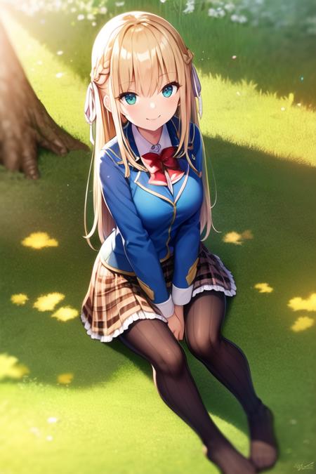 tsukasa, red bowtie, braid, 1girl,  blonde hair,  white hair ribbon, masterpiece, best quality, 1girl, blue jacket,  white shirt,  school uniform, plaid skirt,   brown skirt, black pantyhose, pleated skirt,  barefoot, bare legs, knees up, dress, sitting, looking at viewer, grass,  smile, outdoors, on ground, full body, animal, sunlight, dappled sunlight, day, depth of field, <lora:tsukasa:0.8>