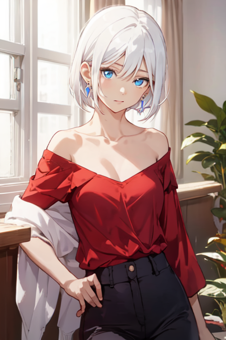 MommyCecilia, 1girl, solo, short hair, blue eyes, red shirt, jewelry, collarbone, white hair, earrings, black pants, off shoulder, 