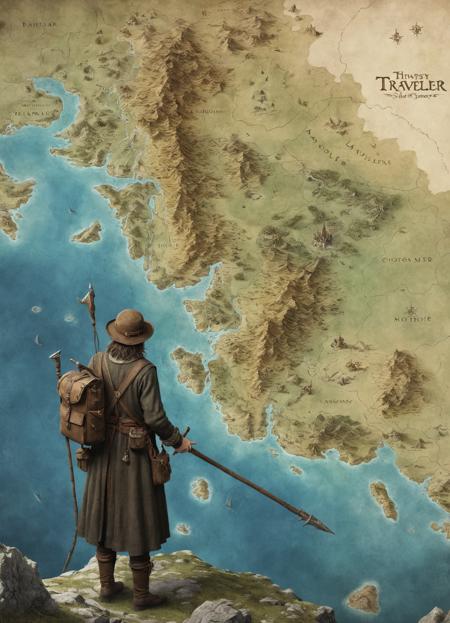tired traveler with a staff on the background, side shot, fantasy map, 8k <lora:fantasy map:0.3>