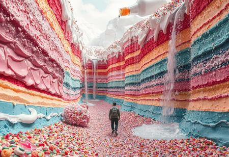 man walking at the bottom of the multi color cake valley. The valley is made from cake and melting cream. walking between towering, huge cake and huge topping cream. canyon of giant layered cake. bush of shiny candies. chip gravel spread along the path. waterfall flow from a pouring giant bottle.