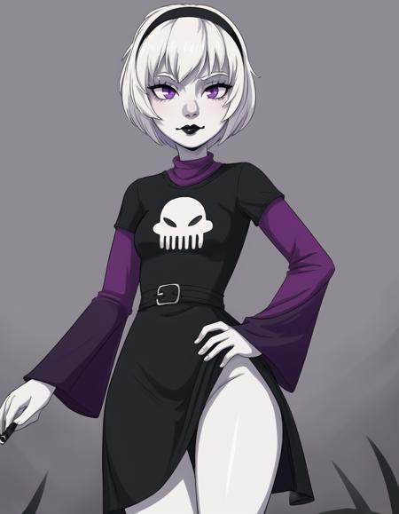 best quality, afterglow, 4k, ((masterpiece)), extremely detailed, 8k, trending on ArtStation, Intricate, High Detail, Sharp focus, rosebsd <lora:rosebsd:1>, symbol on dress, 1girl, solo, short hair, white hair, hairband, dress, (black dress), long sleeves, (layered sleeves), (pale skin), purple eyes, black lips, standing, wide hips, <lora:more_details:0.5>