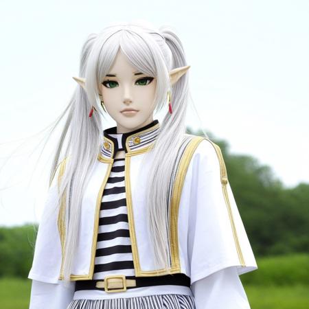 masterpiece, best quality, newest, absurdres, highres, thunderboltfantasy, hIghly detailed photograph, 1girl, frieren, long hair, twintails, white hair, parted bangs, green eyes, elf ears, black and white striped shirt, white jacke with gold details, white skirt, portrait,