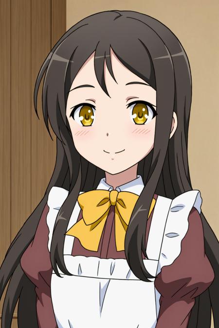 ael, anime_art_style, solo, long_hair, looking_at_viewer, blush, smile, bangs, shirt, black_hair, long_sleeves, dress, bow, ribbon, very_long_hair, closed_mouth, school_uniform, green_eyes, yellow_eyes, upper_body, short_sleeves, sidelocks, frills, puffy_sleeves, indoors, bowtie, apron, puffy_short_sleeves, maid, light_smile, juliet_sleeves, white_apron, yellow_bow, official_style, yellow_bowtie, anime_coloring