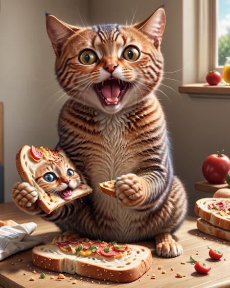 concept art (Ultrarealistic:1.3) <lora:FFusion_WEEK_2_-_TOP_100:1> a cat holding a piece of bread, cat eating pizza, cat eating, kitten sandwish, ultrarealistic illustration, hyperrealistic illustration, ultra realistic illustration, photorealistic illustration, realistic illustration, amazing food illustration, 3 d epic illustrations, super realistic food picture, hyper realistic illustration, toast, realistic artwork, hyper detailed digital art, ultra realistic 3d illustration,(Primary Colors:1.3) . digital artwork, illustrative, painterly, matte painting, highly detailed