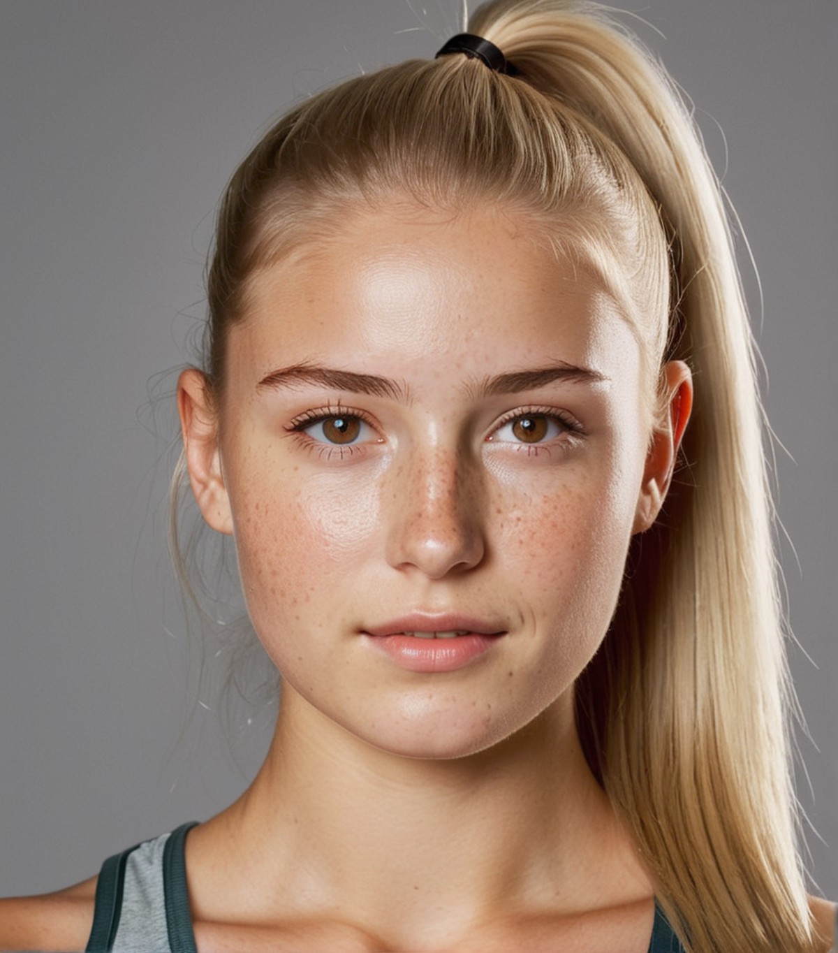 photo of a 20 years old girl with brown shiny eyes, blonde hair in a ponytail, rounded cheeks with some freckles, fit stro...