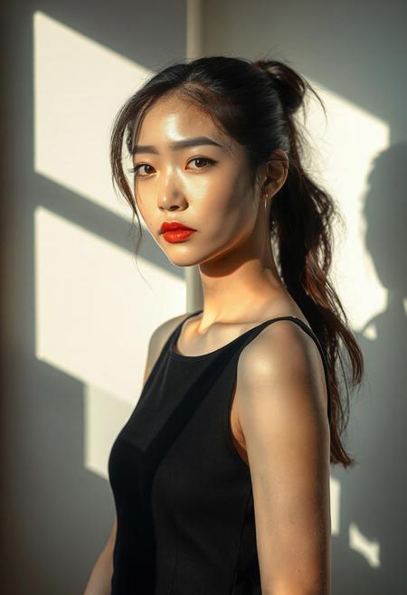 DSLR-style, slender, elegant 26-year-old Korean model, translucent pale skin with natural texture, soft shadow on cheek, diffused daylight from side, parted lips, clean background, solo, masterpiece, ultra high-res  
<lora:NOOB_vp1_detailer_by_volnovik_v1:1>
barely visible pores, subtle skin texture variation, translucent skin tone
A high-resolution portrait of a beautiful 26-year-old East Asian woman standing by a window, natural morning light casting soft shadows on her face and body, wearing a sleek black dress with elegant simplicity, subtle expression, realistic skin texture, slightly tousled hair tied in a ponytail, cinematic lighting, shallow depth of field, hyperrealistic style, emotional atmosphere, DSLR photography look