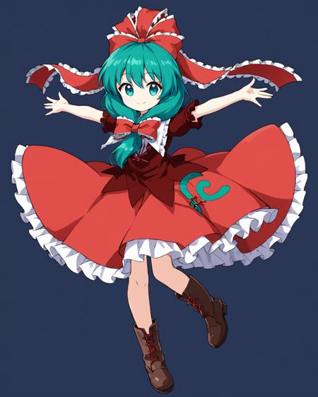 kagiyama hina,1girl, solo, red_dress, front_ponytail, hair_bow, boots, hair_ribbon, full_body, short_sleeves, doll_joints, red_ribbon, frilled_ribbon, brown_footwear, smile, simple_background, outstretched_arms, cross-laced_footwear, closed_mouth
<lora:kagiyama_hina_image8413_2023-12-14:1>,star-shaped_pupils,symbol-shaped_pupils,. gorgeous,key visual, vibrant, studio anime,award-winning, professional, highly detailed,high budget, cinemascope