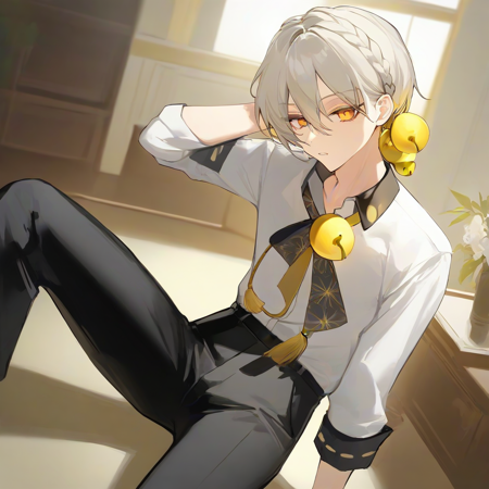 ,1boy, male focus, blonde hair, yellow eyes, white shirt, bell hair ornament, black pants, collared shirt, 