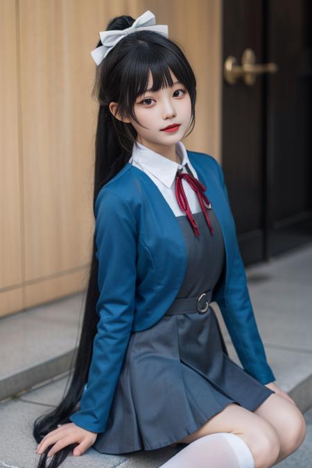 1girl, solo,hazuki ren,cosplay, black hair,long hair,high ponytail, white hair bow, blunt bangs, yuigaoka school uniform,school uniform, blue jacket, red neck ribbon, black loafers, white socks, long sleeves, white collared shirt, grey dress, open jacket, pinafore dress,