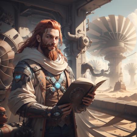 <lora:WindTech-15:0.8>, windtech , scifi, wind turbines and fans , pipes ,  (cyberpunk:0.7), 
scroll, 1boy,long hair, red hair, glowing eyes, smile ,closed mouth, holding scroll,beard, outdoors,