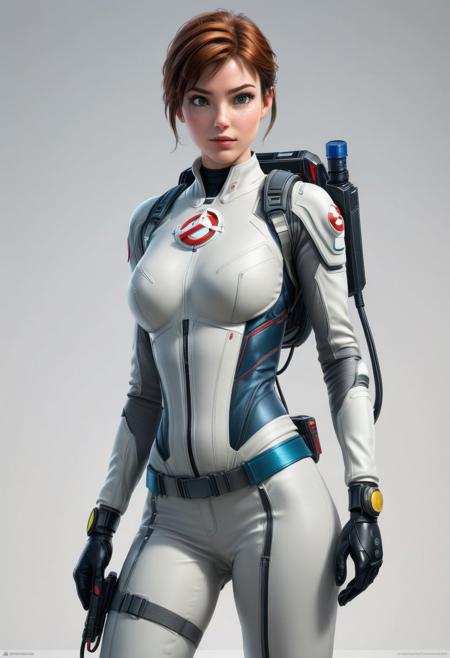 Anna, powered futuristic outfit, Ghostbuster1024, style of stanley artgerm, artgerm style, white background, simple background