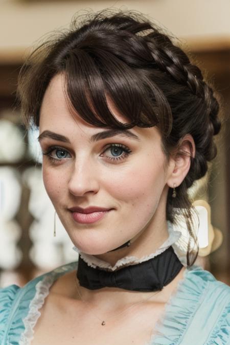 a naturally beautiful woman, in a victorian dress, messy hair, in a medieval brothel, ((close up)), [candid:0.5, amateur:0.5], 8K, RAW, UHD, perfect face, stunning clear eyes, [perfect smile] <lora:jessicaBrownFindlay:1>