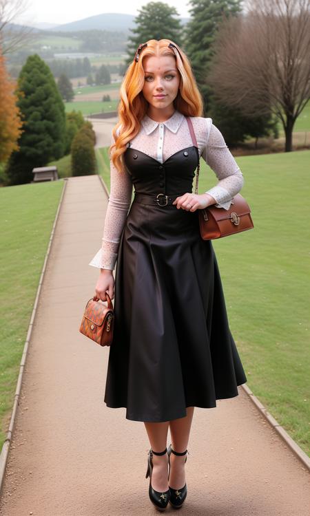 melissaManzoniTi standing solo wearing a tweed suit walking in the english countryside carrying a leather satchel