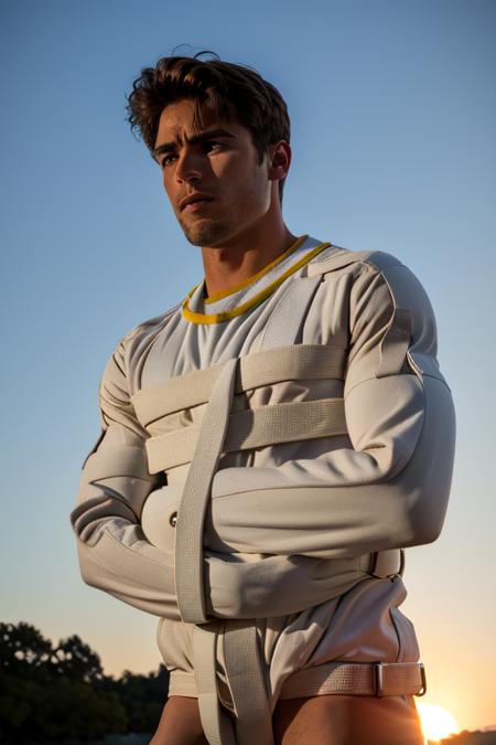 <lora:StraitjacketGeneral_v1:0.75> posey straitjacket, (male:1.2), chiseled facial features, slim body, distinguished and with a touch of ruggedness, sun-kissed skin, 8 k, absurbres, hires, best detail, sky background, Evening