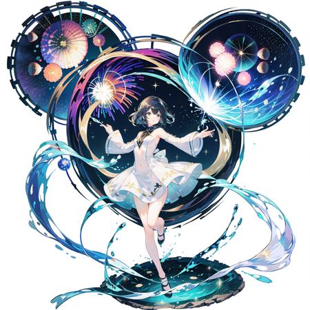 <lora:GachaSplashVFairY:0.6>,(white background:1.5), 1girl, solo, breasts, short hair, full body, black hair, standing on water, water splash, firework, hanabi, white dress, short dress, circles,