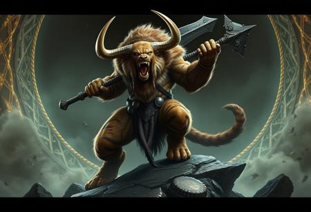 Create a highly detailed, hyper-realistic  of a minotaur from Path of Exile, half tiger, in an action pose on a Dimensionhole, with a giant weapon. Incorporate elements of the Lord of the Rings minotaur and the character Lobo. The image should be rendered in 8K, with cinematic lighting, and have a smooth, sharp focus. Style inspirations include Makoto Shinkai, Syd Meade, Simon Stalenhag, Ruan Jia, and Kentaro Miura.