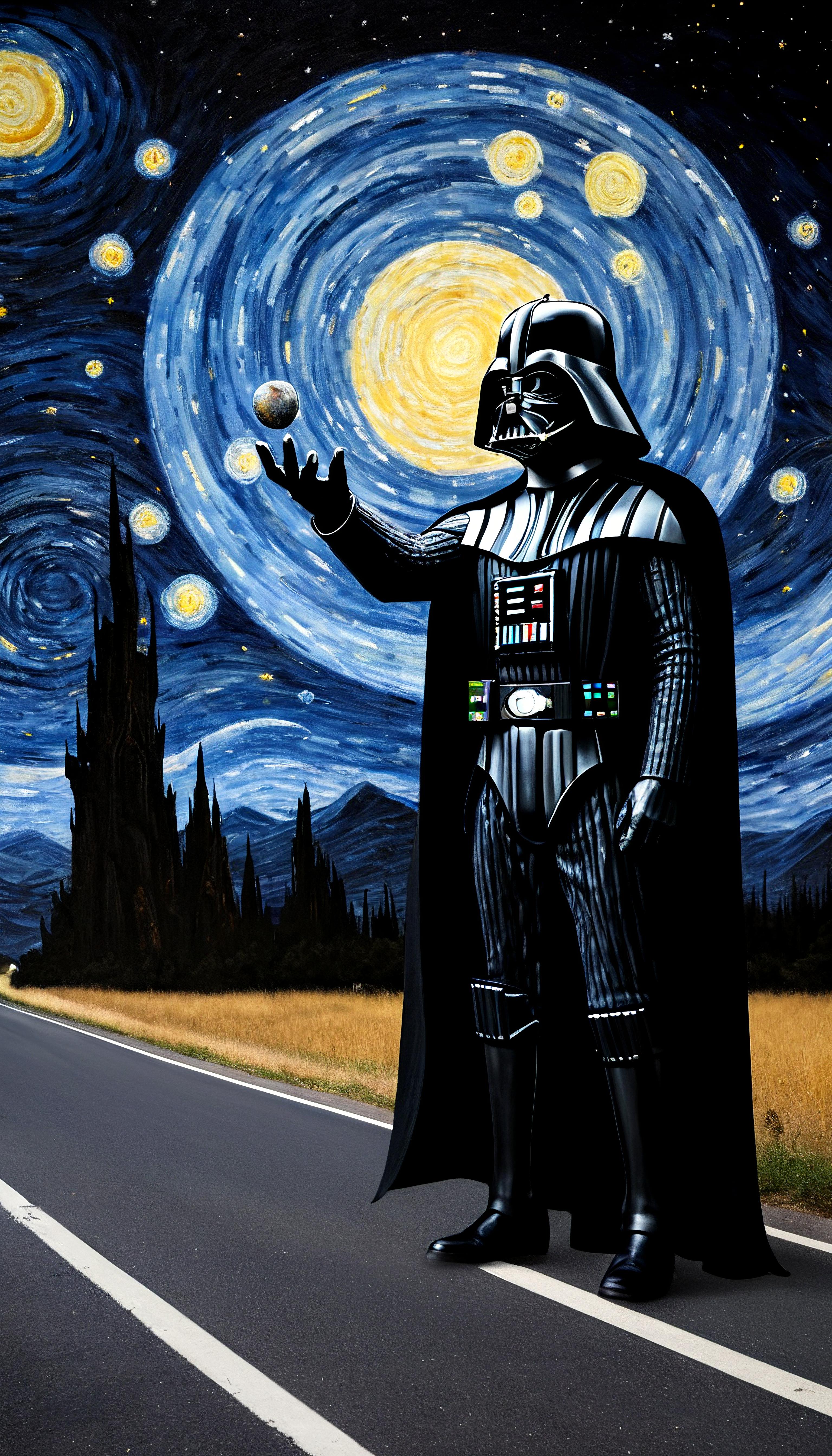 A Star Wars-themed painting featuring Darth Vader holding a star.