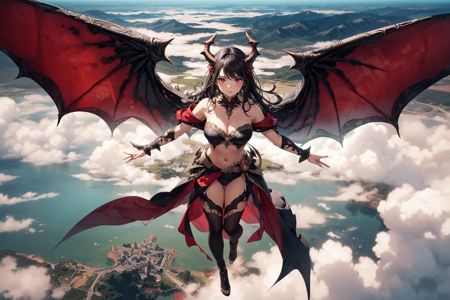 (from above, aerial view:1.2), (fantasy:1.4), cityscape, above cloud, foggy, (wide shot:1.3), BREAK 
(1girl:1.5), black hair, red eyes, long hair, bandeau, navel, pelvic curtain, (dragon girl:1.1), dragon horns, (dragon wings:1.2), dragon tail, (scales, intricate details:1.2),  BREAK
dynamic pose, flying, floating, airborne, looking afar, outstretched arms,