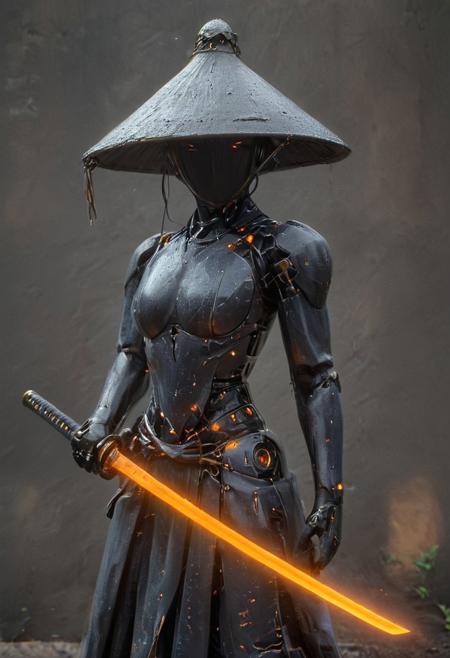 Craft a captivating vibrant dark black-neon caption for a photo capturing the essence of a cyborg woman Bedouin sorcerer in fight stance, ((blue eyes, natural full breast)), defying expectations by conjuring a whimsical robot 'freak' from an oversized sedge  hat. ethereal, smoky backdrop. throwing a translucent orange/tanslucent purple/black iaidow, weapon, katana, holding sword, ready to draw, sheathed, unsheathing, scabbard,, 
 very detailed, atmospheric haze, Film grain, cinematic film still, shallow depth of field, highly detailed, high budget, cinemascope, moody, epic, OverallDetail, gorgeous, 2000s vintage RAW photo, photorealistic, candid camera, color graded cinematic, eye catchlights, atmospheric lighting, skin pores, imperfections, natural, shallow dof