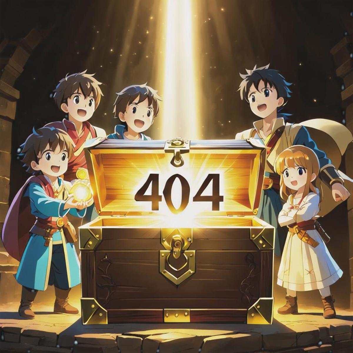 A group of four young boys posing in front of a golden treasure chest labeled 404.