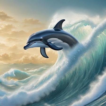 dolphin on the crest of a foamy wave, 
ultra-realistic digital painting, 
golden ratio. All details are clearly drawn, 
wave, 
dolphin, 
eyes, 
foam