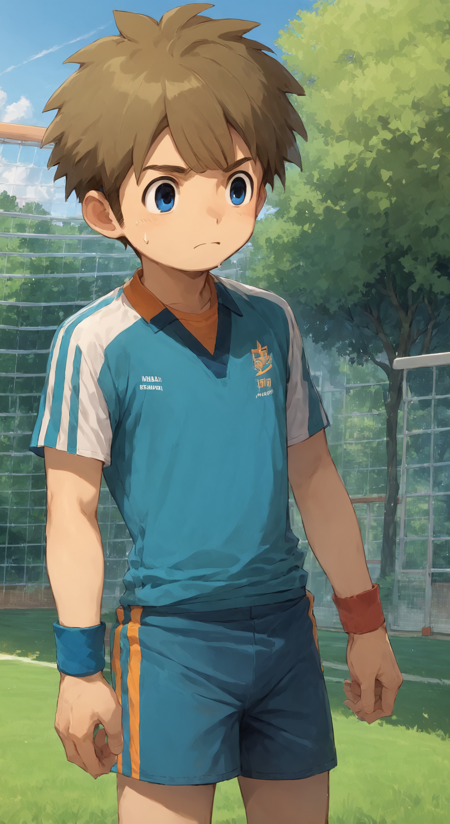  Tachimukai yuuki, 1boy, male focus, brown hair, blue eyes raimon sportswear, soccer uniform, gloves shorts, casual attire soccer ball