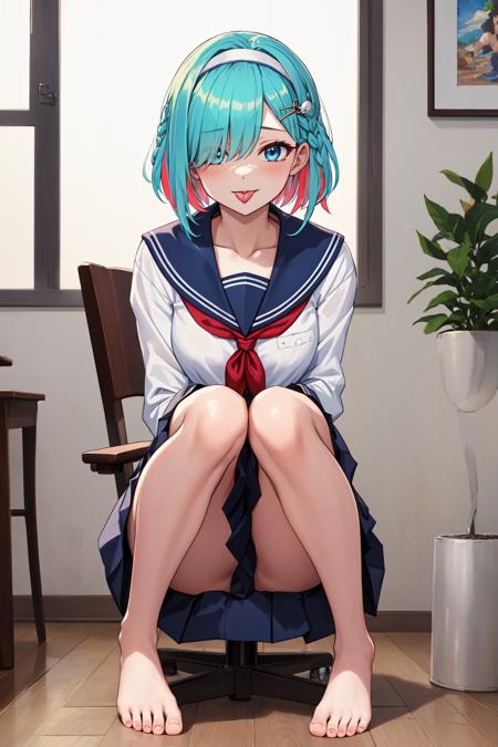 (masterpiece:1.5) (best quality:1.5), ultra-detailed, 8k, extreme detailed eyes, 1girl, :p, aqua_hair, barefoot, blue_eyes, blue_serafuku, braid, chair, collarbone, colored_inner_hair, hair_ornament, hair_over_one_eye, hairband, knees_together_feet_apart, leaning_forward, long_bangs, long_sleeves, looking_at_viewer, multicolored_hair, pleated_skirt, serafuku, short_hair, sidelocks, single_braid, sitting, skirt, solo, toes, tongue, tongue_out, two-tone_hair, v_arms, white_skirt