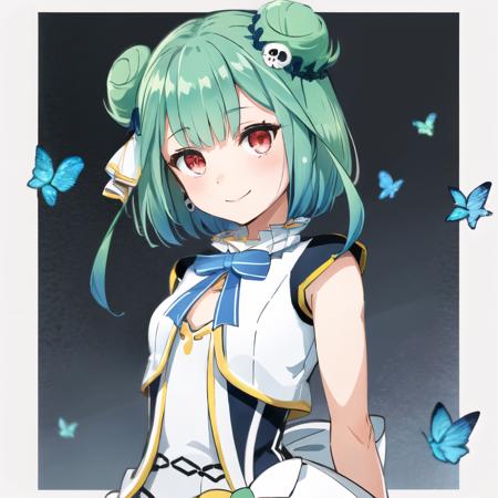 masterpiece, best quality, high quality, highres, jewelry, <lora:testbluerushia2_3:1> , hololive idol uniform, 1girl, red eyes, hair bun, double bun, hair ornament, green hair, skull hair ornament, smile, bow, skirt, looking at viewer, arms behind back, butterfly hair ornament, blush, blue bow, short hair, bowtie, dress, bangs, hair ribbon, blue bowtie, medium hair, solo