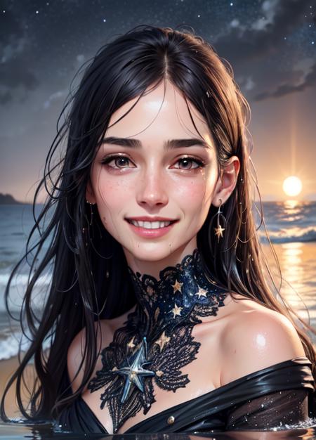 Ultra-realistic 8k CG, masterpiece, best quality, (photorealistic:1.4), absurdres, extremely detailed, real hair, life-like,
beautiful woman,
((face focus:1.2)), ((extremely detailed face:1.2)), ((extremely detailed eyes:1.2)), long flowing black hair,  ((wet skin:1.2)), ((smiling:1.2)),
((beach background:1.2)), ((windy:1.2)), ((heavy fog:1.2)), ((starry night sky:1.2)),