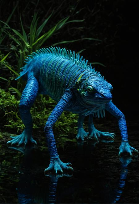 A quadrupedal, serpentine creature with scaly, iridescent blue skin and a flattened, triangular head: 4 limbs, no tail, bioluminescent spots on its back; almond-shaped eyes and acute ears; gills on its neck for underwater respiration; [Textures/Materials]: glossy scales, soft down feathers; [Bright Color Scheme]: electric blue, neon green, lime yellow; [Distinctive Features]: glowing blue stripes running along its body; [Behavior]: stealthy hunter, ambush predator; [Environment]: dense, mist-shrouded jungle; [Fantasy Elements]: magical energy emanating from bioluminescent spots; [Style]: realistic fantasy; [Bright Color Palette]: vibrant, neon hues; [Sun Lighting]: soft, diffused illumination; [Perspective/Composition]: low-angle shot, creature in mid-stride; [Background Elements]: lush foliage, misty atmosphere; [Interactive Elements]: none.