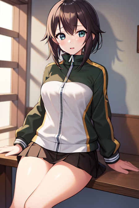 hayasuiKC, 1girl, solo,short hair, long sleeves,white jacket,miniskirt, black skirt, track jacket