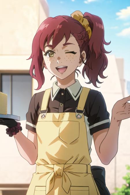 best quality, masterpiece, highres, solo, {lily_lipman_birdiewinggolfgirlsstory:1.15}, red_hair, scrunchie, freckles, side_ponytail, brown_eyes, open_mouth, hair_ornament, 1girl, one_eye_closed, smile, yellow_eyes, ;d, shirt, short_hair, apron, tray