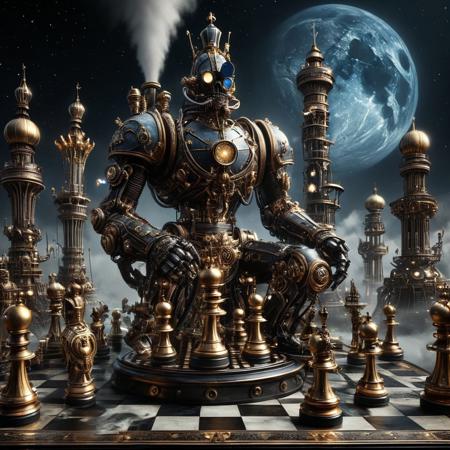 This steampunk digital artwork features a surreal and futuristic chess scene. The central focus is a colossal king chess piece, intricately designed with a metallic and mechanical texture, standing prominently on a black and white chequered landscape. Other chess pieces are scattered across the board, appearing smaller in comparison to the central king. In the background, tall fantastic mechanical structures, dot the horizon. A giant ringed planet casts its light giving a colour scheme dominated by shades of blue and black, creating a cosmic and otherworldly atmosphere. The image combines steampunk with elements of science fiction and fantasy, with a focus on the grandeur and scale of the central chess piece against the vastness of space.