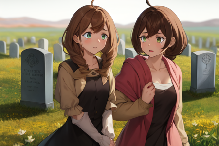 cookiecrackergriffon, 2girls, aged up, mature female, medium breasts, black dress, tombstone, flowers, tears 