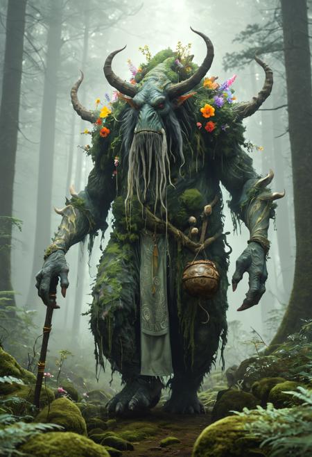 a colossal gentle forest monster with large decorated pack on its back, walking through a dense misty forest, it is wearing a long flowing robe adorned with intricate patterns and holding a wooden staff, The shell is filled with various items including flowers and pouches, wandering sage, towering trees background, moss-covered rocks, soft ethereal light filtering through the forest canopy, a magical and serene atmosphere, <lora:EpicF4nta5yXL:0.35>