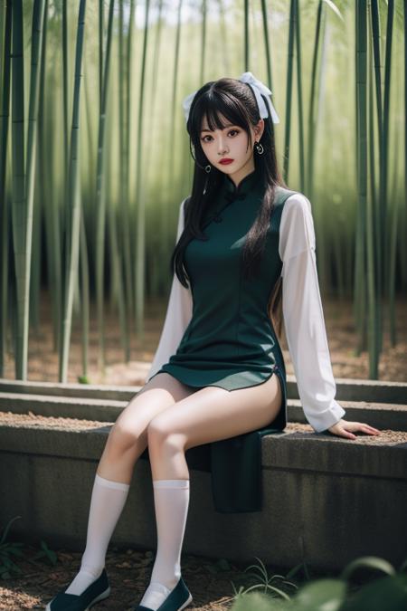 ltra-detailed,highly detailed,best quality,masterpiece,illustration,realistic,
yaozhi, 1girl, solo,chinese clothes, socks,shoes,
looking at viewer,full body, wariza,sitting, 
outdoors, bamboo forest, 
 <lora:yaozhi_v1_02:0.7>