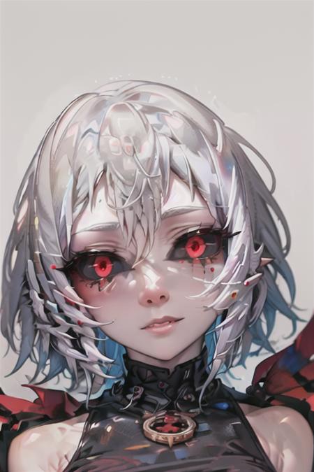 masterpiece, best quality, 1girl, solo, black sclera, colored sclera, red eyes, white hair, short hair, face focus, from above, looking at viewer, sfw <lora:black_sclera:1>