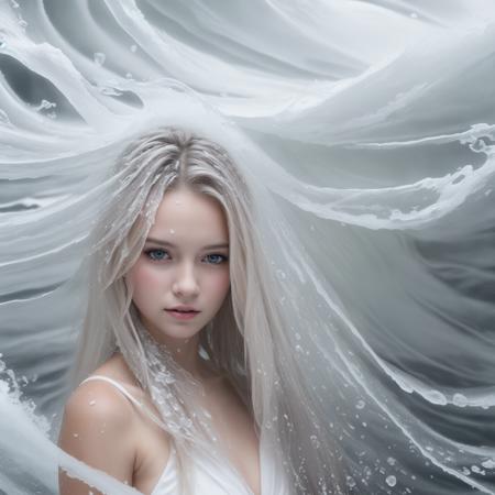 Artistic Portrait 18yo beautiful woman, bare shoulders, slim girl , Caucasian, white skin, white eyes, (white long hair:1.5) snowstorm, ( in ice water:1.5) snow, wind, (abstract water waves:1.5)blizzard, cold, art by Bee Chan, bokeh, light theme