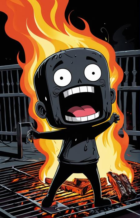 anime artwork comic Horror-style oil painting: A piece of coal catches fire on a BBQ,horrified and confused and screams furiously in despair when coal realizes that it is beginning to burn. He is on a coal,he burns and feels fear and horror. The background is empty,dark and blurry. A masterpiece of small details. The art of pop surrealism. . graphic illustration, comic art, graphic novel art, vibrant, highly detailed . anime style, key visual, vibrant, studio anime, highly detailed