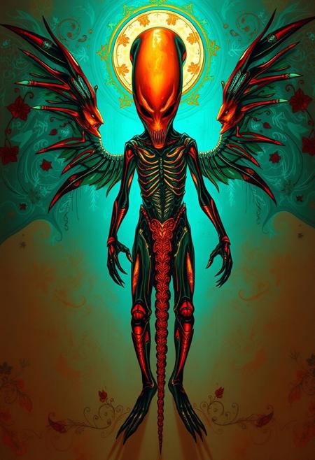 An artistic light painting depicting a winged Xenomorph human in warm terracotta and cool teal hues, creating an earthy and cool contrast. Abstract patterns and artistic lighting accentuate the intricate details and symmetrical composition, drawing inspiration from Russian iconography, medieval art influences, and Renaissance traditions.