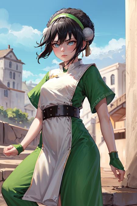 masterpiece, best quality, highres, <lora:toph_beifong_v1:0.75>, 1girl, solo, black hair, hairband, belt, short hair, dress, blue eyes, hair bun, green hairband, blind, chinese clothes, hair bun, green dress, short sleeves, pelvic curtain, outdoors,