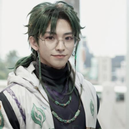 masterpiece, bestquality, ultra highres,8k resolution, realistic, ultra-detailed, sharp focus, RAW-photo,
baizhu_\(genshin_impact\), kpop idol, Gon, male focus, calm, upper body,  Complete pattern,  Mature looking,
white snake, midriff, cape,  jewelry, green_hair, (braiding_hair),  long_hair,assymetric bangs, earrings, glasses, Purple nine-quarter pants, 
orange_eyes, semi-rimless_eyewear, Evil smile, charming,  snake_on_shoulder,  degenerate, Long face shape, outdoors, sunlight, forest,
 <lora:baizhuGenshinImpact_v1:0.5>  <lora:GON:0.8>