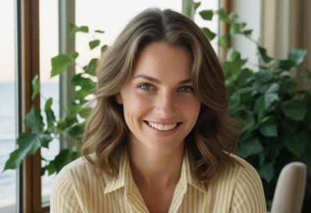 A meticulously detailed, hyper-realistic studio portrait of Olivia, a 35-year-old woman with sun-kissed skin and bright green eyes. She has a slim, oval, delicately contoured face with high cheekbones, a narrow jawline, and a subtle V-shaped chin. Her wavy, short-length light brown hair is casually tousled, framing her naturally beautiful face. Her skin has realistic texture: visible pores, soft natural wrinkles, gentle laugh lines, and minor imperfections that enhance authenticity. She wears a stripped yellow and white linen button up shirt an a warm, genuine smile with slightly imperfect teeth. She seats in a warm living room,sorrounded with plants,green ivy near the window, facing the sunset, and ocean,through a Big  window, captured with an 85mm lens at f/4, with natural color grading and an unedited RAW film look — inspired by Kodak Portra 400. No makeup retouching, no plastic effect, no artificial smoothing..