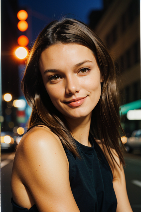 HaileyOutland, (upper body), ((1980s photograph, soft blush, pale skin, sleek hair, black dress with square neckline)), Century Camera Co. Studio, 160mm f/8, 1/10s, ISO 25, ((tintype)), smile, big eyes, doe-eyed, (analog, film, film grain:1.4), ((outside Studio 54, disco, night, gritty Manhattan street)), smile:1.3, <lora:nighttime_v1:0.1>