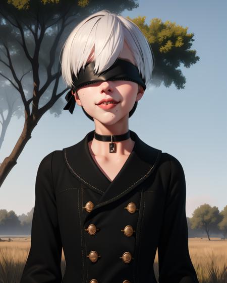 Yorha white hair,black blindfold,short hair,black choker,lips,mole under mouth,flat chest,
standing,upper body,smile,
long sleeves,black jacket,buttons,
deserted school yard,fog,grass,
(insanely detailed, masterpiece, best quality),<lora:Yorha9s-10Nv9:0.8>,