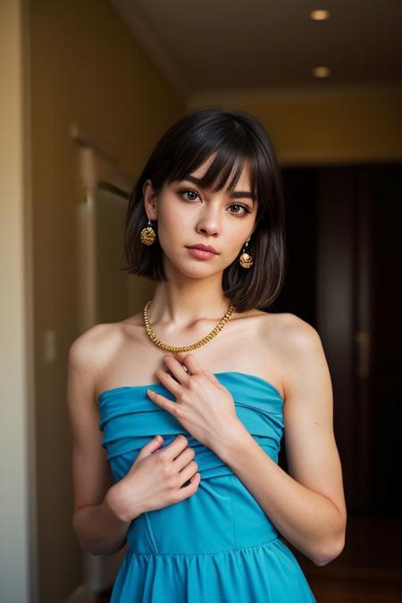 cute girl posing for a photo, good hand and feet ,4k, high-res, masterpiece, best quality, head:1.3,((Hasselblad photography)), finely detailed skin, sharp focus, (cinematic lighting), collarbone, night, soft lighting, dynamic angle, [:(detailed face:1.2):0.2], inside mansion,     short hair bangs, beautiful face, petite, small breast, armpit, seducing pose, arms above head, portrait shot, necklace, earring, sharp blue eyes, angry expression, partial nudity, formal blue laced dress, nip slip,