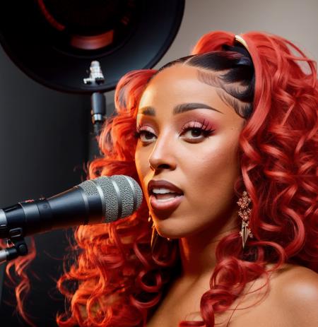 Doja Cat in the recording studio, singing on the diaphragm condenser, long red hair, ((full body)), photorealistic, 4k, UHD, f/1.8<lora:Doja Cat:.9>