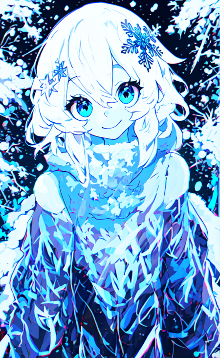 masterpiece, best quality, ice girl, cute, (white skin:1.3), see-through skin, ice skin, fluffy snow hair, looking at viewer, chromatic aberration, detailed background, (4k:1.2), (8k:1.2), white hair, short hair, cute face, lineart style, unique anime style, snowflakes, frosty breath, blue eyes, winter clothing, snowfall, ice crystal patterns, frosty eyelashes, cold atmosphere, snowy landscape, icy smile, (shivering:0.7), frosty wind, delicate features, glowing aura, snowflake hair ornament, crystal, crystal hair, kaamin \(mariarose753\), (kaamin:1.1), <lora:kaamin:1.4>