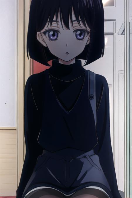  Tomoe_Hotaru,bob_cut, short_hair, black_hair, dress, Turtleneck knitwear,long_sleeves, pantyhose, black_legwear,