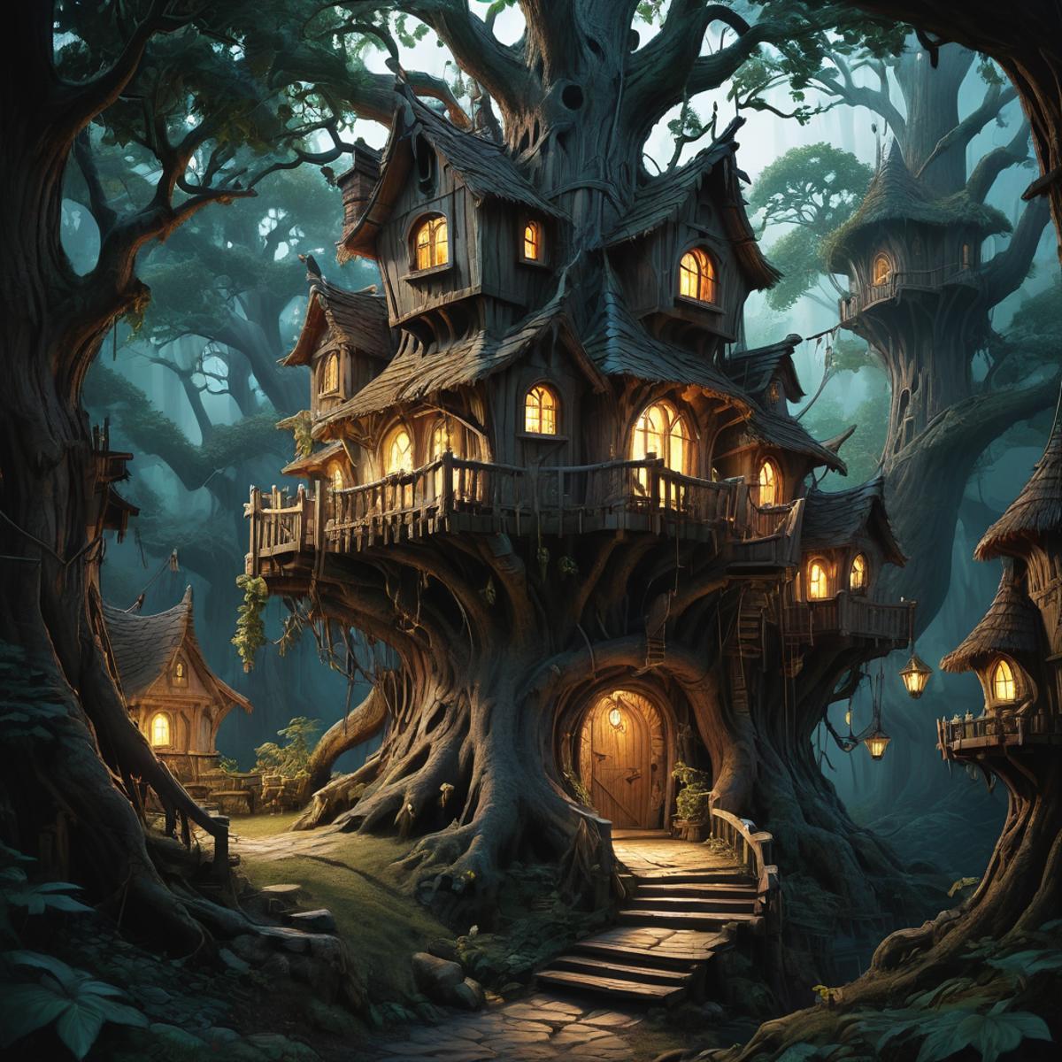 A magical, fairy tale-like house with a tree growing through it, surrounded by a forest at night. The house has a lit doorway and windows, creating a warm, inviting atmosphere.